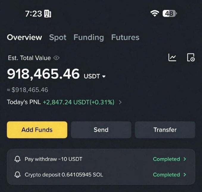 A cryptocurrency exchange mobile app screen showing an "Est. Total Value" of 918,465.46 USDT, with a positive daily PNL of +2,847.24 USDT (+0.31%), and buttons for Add Funds, Send, and Transfer.