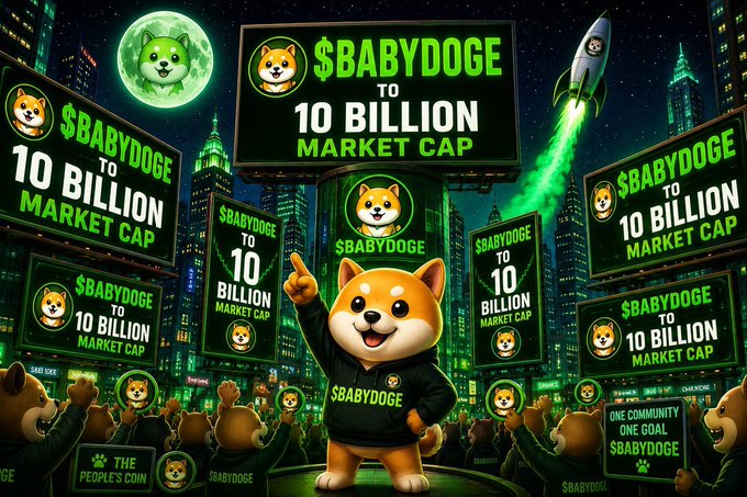 A promotional image featuring a Shiba Inu mascot pointing upwards, surrounded by screens displaying '$BABYDOGE TO 10 BILLION MARKET CAP', with a rocket ship, a full moon, and other dog characters in the background.