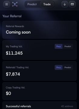A cryptocurrency trading app's referral dashboard showing 'Coming soon' for referral rewards, with My Trading Vol. at $11,245, Referrals' Trading Vol. at $7,874, Copy Trading Vol. at $0, and 42 successful referrals.