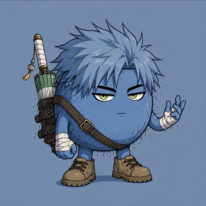 A cartoon illustration of a blue, round, fuzzy character with spiky blue hair, green eyes, wearing brown boots and a sword strapped to its back, resembling a chibi version of a Gears of War or fantasy warrior.