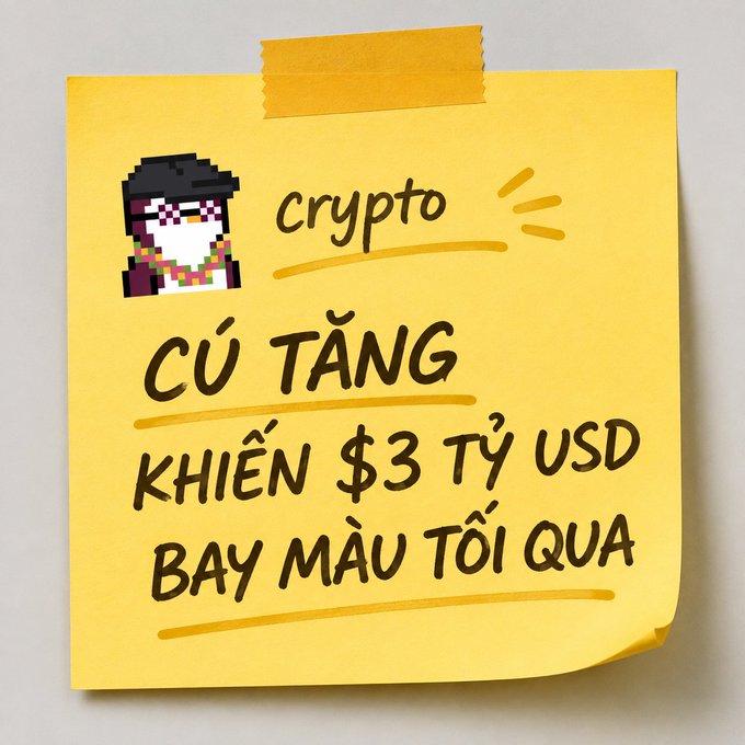 Yellow sticky note featuring a pixel art character alongside Vietnamese text reading 'crypto CÚ TẶNG KHIẾN $3 TỶ USD BAY MÀU TỐI QUA' (Crypto gift caused $3 billion USD to disappear last night).