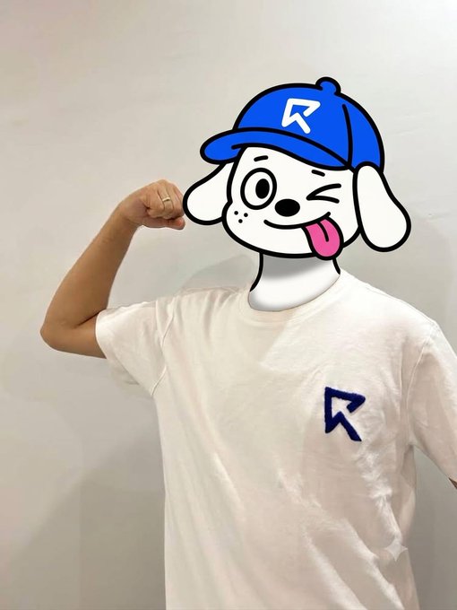 A person flexing their arm while wearing a white t-shirt featuring a blue 'R' logo, with a cartoon dog face filter wearing a blue 'R' cap over their head.