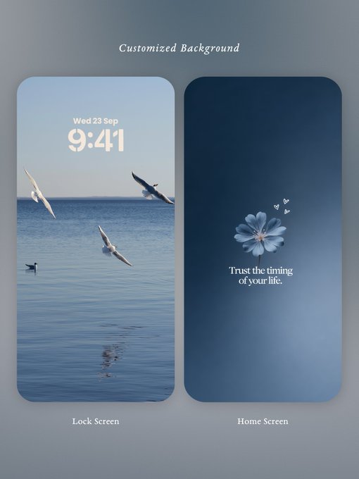 Two smartphone screen mockups are displayed against a gray background under the heading "Customized Background." The lock screen shows a serene ocean scene with seagulls and the date/time "Wed 23 Sep, 9:41," while the home screen features a blue flower with the text "Trust the timing of your life."—matching the post's inspirational message.