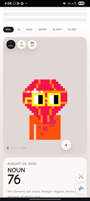 A mobile app interface displaying a pixel art character, labeled 'AUGUST 09, 2026' and 'NOUN 76', from the Nouns DAO project.