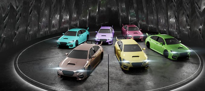 A lineup of six colorful sports cars arranged in a semicircle on a circular platform in a dark, futuristic garage setting.