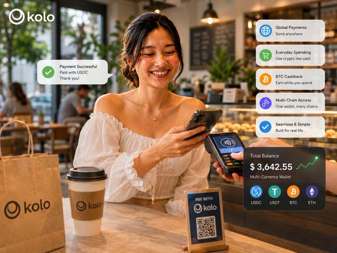 The image shows a woman sitting at a table, using her phone to make a payment for her morning coffee. She is smiling as she completes the transaction. The background of the image features a coffee shop setting with various items such as cups, chairs, and potted plants. There are also other people present in the scene, but they are not the main focus of the image.