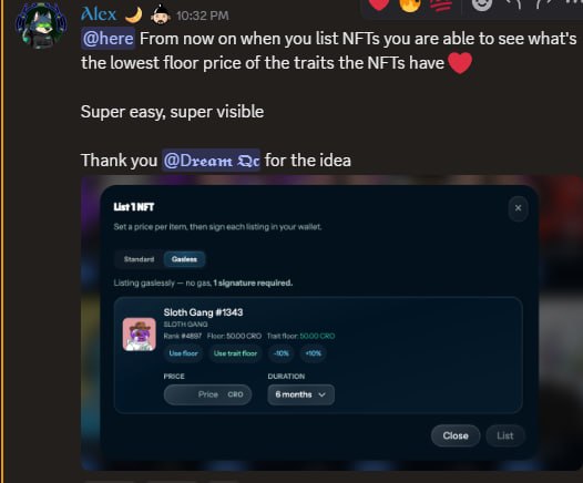 A Discord message from user 'Alex' announcing a new feature for listing NFTs that displays the lowest floor price of traits, thanking '@Dream' for the idea, with a screenshot of the listing interface for 'Sloth Gang #1343'.