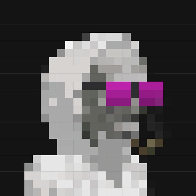 Pixel art portrait of a Minecraft character with gray/white hair, purple eyes, and a beard against a black background.