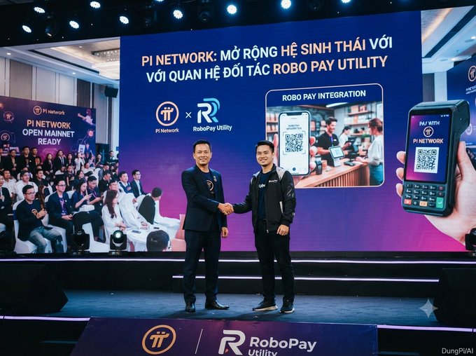 Two men shake hands on stage at the 'PI NETWORK OPEN MAINNET READY' event, with a screen behind them reading 'PI NETWORK: MỞ RỘNG HỆ SINH THÁI VỚI VỚI QUAN HỆ ĐỐI TÁC ROBO PAY UTILITY' alongside Pi Network and RoboPay Utility logos.