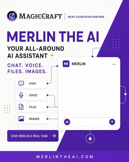 An advertisement for "MAGICCRAFT" presents "MERLIN THE AI," an all-around AI assistant that supports chat, voice, files, and images, with the website merlintheai.com.