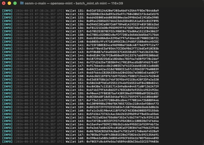 A terminal window displays the OSNM-Z tool logging "Wallet" entries numbered 131 through 169, each followed by unique hexadecimal Ethereum wallet addresses (e.g., `0xEC6F33124A26Ef203Aa96F425A4fF8De784468A9`), timestamped at `[2026-08-23 07:38:26.357 UTC]`. This relates to the post by showing the OSNM-Z bot in action, specifically highlighting its multi-wallet minting functionality for OpenSea NFT mints.