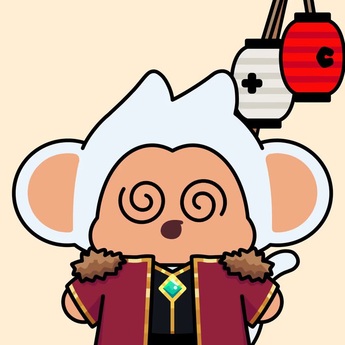 A cartoon illustration of a cute monkey character with white fur and large ears, wearing a maroon robe with a gem pendant, with dizzy spiral eyes. Behind the character are two hanging paper lanterns, one white and one red, resembling Mario mushrooms.