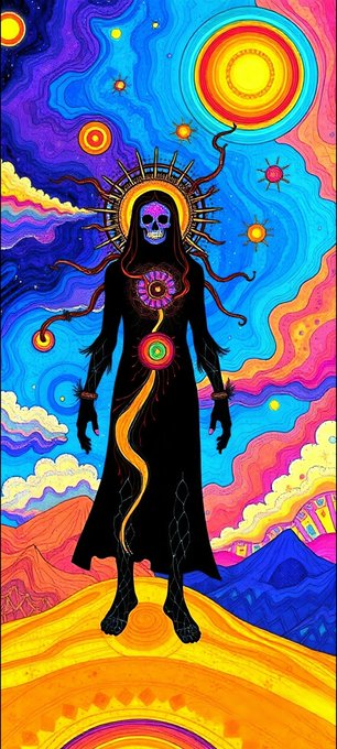 A vibrant, psychedelic digital painting features a hooded skeletal figure with a glowing sun-like halo, adorned with mystical symbols and surrounded by swirling cosmic patterns and planets.