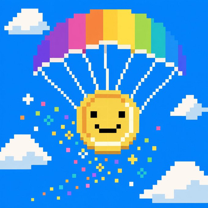 Pixel art of a yellow smiley face coin with a rainbow parachute descending through a blue sky with clouds and colorful sparkles.