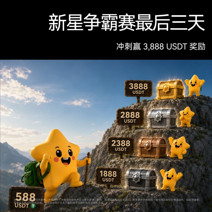 A promotional graphic for a "New Star Championship" competition featuring yellow star mascots climbing a mountain of treasure chests with USDT prize tiers (588, 1888, 2388, 2888, and 3888 USDT), with the 3,888 USDT top prize highlighted at the summit and Chinese text announcing "最后三天" (last three days) to compete for the rewards.