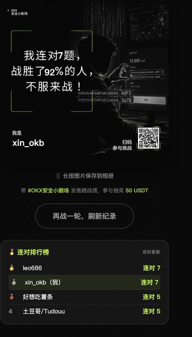 A mobile screenshot shows a quiz app result in Chinese, displaying '我连对7题，战胜了92%的人，不服来战！' (I got 7 questions right in a row, beat 92% of people, come challenge me!) for user 'xin_okb', with a leaderboard and a button to '再战一轮，刷新记录' (challenge again, refresh record).