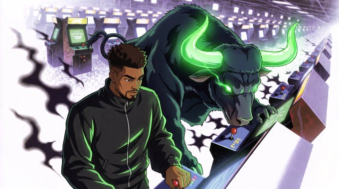 A determined man plays an arcade game alongside a massive, glowing green-eyed bull, the bold "TBO" text on the cabinet hinting at a bullish crypto or stock theme that matches the "Bullish by nature." caption, symbolizing confident market optimism.