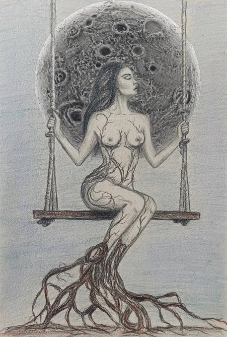 This artwork appears to convey a fusion of human form with natural elements, symbolized by a woman whose body transforms into tree roots. It relates to the accompanying post's message of gratitude towards an individual for purchasing the piece, indicating a personal and artistic bond between the artist and the owner, who treasures the artwork's significance and meaning. The hashtag "#AEW" suggests an identifier for the artwork, possibly representing a theme or project name connected to the illustration.