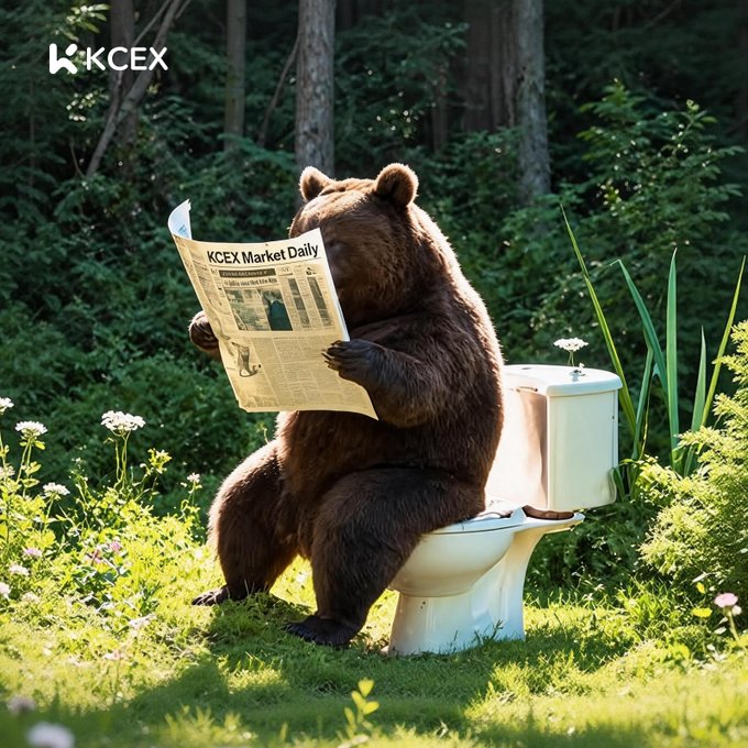KCEX promotional image featuring a bear sitting on a toilet in a forest reading the 'KCEX Market Daily' newspaper.