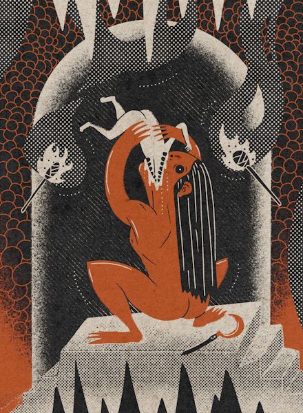 A stylized retro illustration of an orange frog-like creature with a skeleton on its back, holding torches, set against a halftone-patterned background.