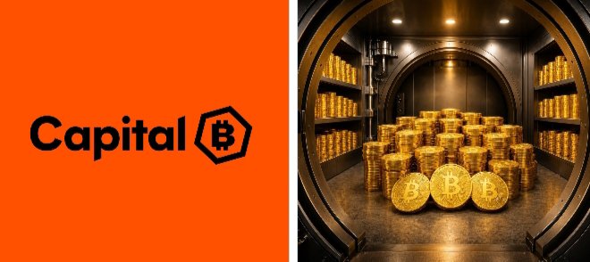 The image features the Capital B logo on an orange background alongside a vault filled with gold coins and Bitcoin, visually reinforcing the company's Bitcoin treasury strategy. The accompanying text highlights Capital B's $24.5M private placement and its plan to expand holdings to 3,415 BTC, with the vault imagery symbolizing institutional Bitcoin accumulation.