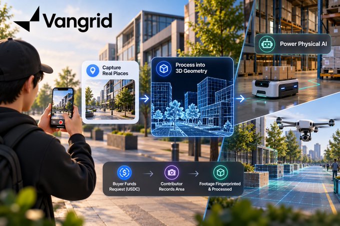 A promotional graphic for 'Vangrid' showing a workflow: Capture Real Places (a person filming with a phone) → Process into 3D Geometry (wireframe buildings) → Power Physical AI (robots and drones), with a footer showing 'Buyer Funds Request (USDC)' → 'Contributor Records Area' → 'Footage Fingerprinted & Processed.'