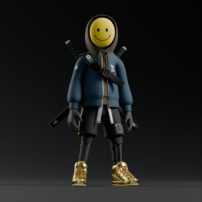 A 3D rendered character wearing a dark hoodie, black shorts, and shiny gold sneakers, with a yellow smiley face mask and two swords strapped to its back, standing against a black background.