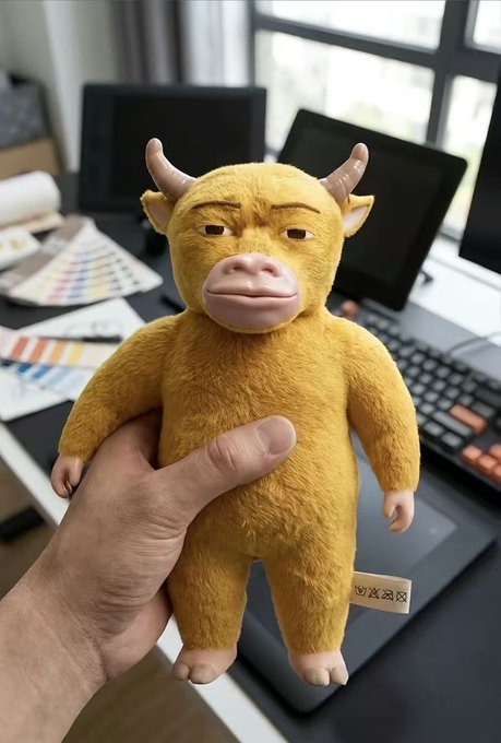 A person's hand holds a quirky yellow fuzzy plush toy with bull horns and a pink snout in front of an office desk setup.