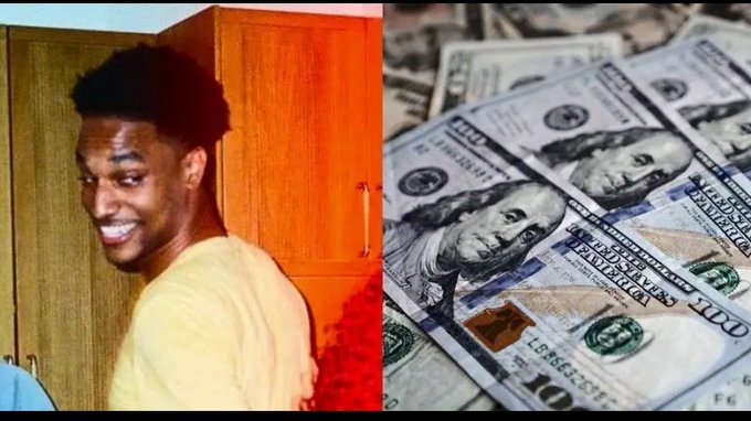 A split image showing a smiling young man on the left next to a pile of $100 bills on the right, commonly used as a meme depicting someone celebrating unexpected earnings or financial success.