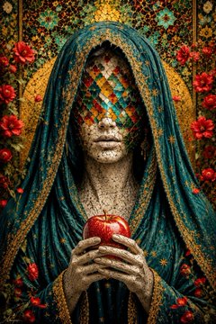 A hooded figure in a dark teal robe holds a red apple, their face partially obscured by a mosaic of colored tiles, surrounded by a halo of red roses.
