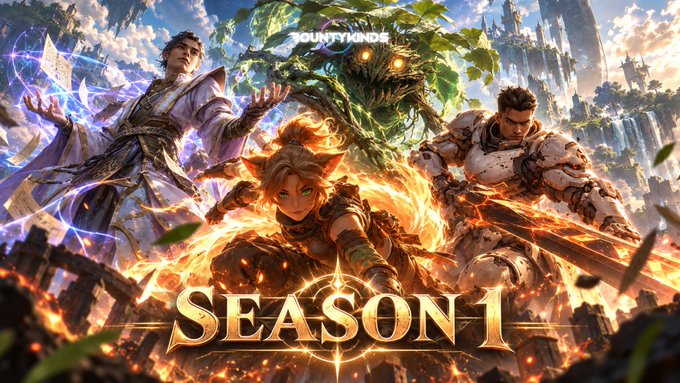 A fantasy video game promotional banner titled 'SEASON 1' by BOUNTYKINDE, featuring various fantasy characters including warriors, a mage, and a tree creature.