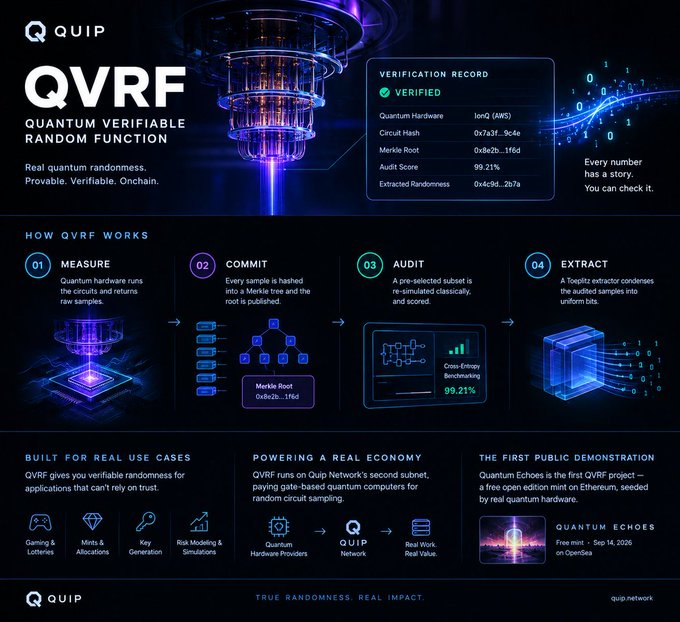 An infographic titled 'QVRF - Quantum Verifiable Random Function' from QUIP Network, detailing verification records and explaining how the quantum randomness process works.