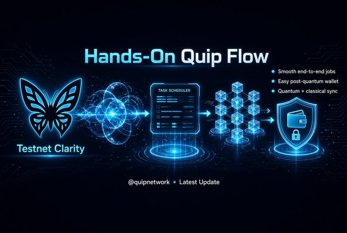 A promotional graphic titled 'Hands-On Quip Flow' featuring a butterfly logo labeled 'Testnet Clarity' alongside icons for a Task Scheduler, blockchain nodes, and a wallet, with bullets noting 'Smooth end-to-end jobs,' 'Easy post-quantum wallet,' and 'Quantum + classical sync,' credited to @quipnetwork.