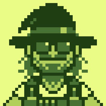 A pixel art portrait of a mysterious figure wearing a wide-brimmed hat and sunglasses, rendered in green monochrome on a yellow-green background.