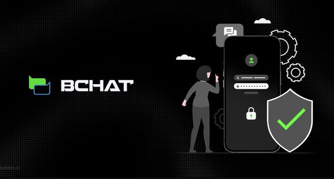 BCHAT logo and illustration on a black background showing a person using a smartphone with a security shield, lock, and chat bubble icons.