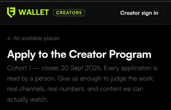 A Wallet Creators webpage announcing 'Apply to the Creator Program' with Cohort 1 closing 20 Sept 2026, asking for real channels, numbers, and watchable content.