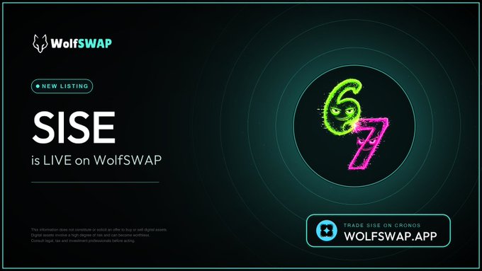 A promotional graphic announces a new listing: 'SISE is LIVE on WolfSWAP' with the tagline 'TRADE SISE ON CRONOS' and the website WOLFSWAP.APP.