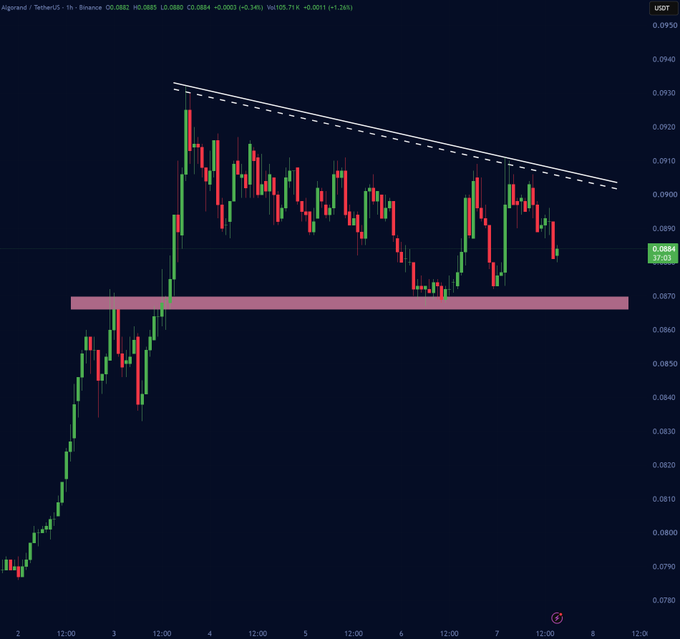A candlestick chart showing the Algorand/USDT pair on Binance, displaying price action with a descending trendline and a highlighted support zone around $0.0870, currently trading at 0.0884.