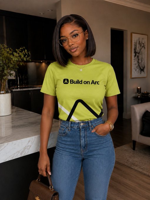 A woman models a bright yellow t-shirt with the black text 'Build on Arc' and a geometric triangle design, standing in a modern kitchen setting.