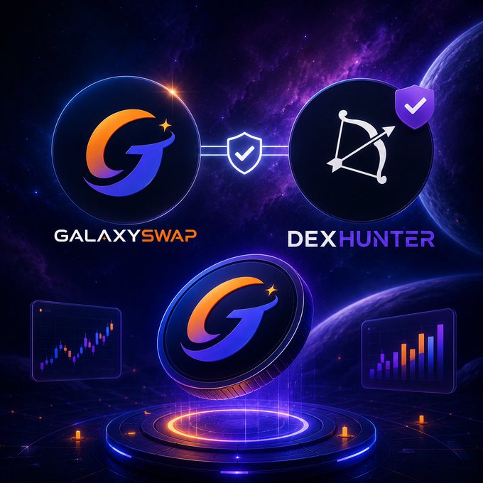 The image features a cosmic-themed graphic showcasing the GalaxySwap and DexHunter logos connected by a verified shield icon, with a glowing GalaxySwap token displayed prominently in the center alongside trading chart visuals—visually reinforcing the post's announcement of GalaxySwap Labs achieving verified status on DexHunter to enhance accessibility within the Cardano ecosystem.