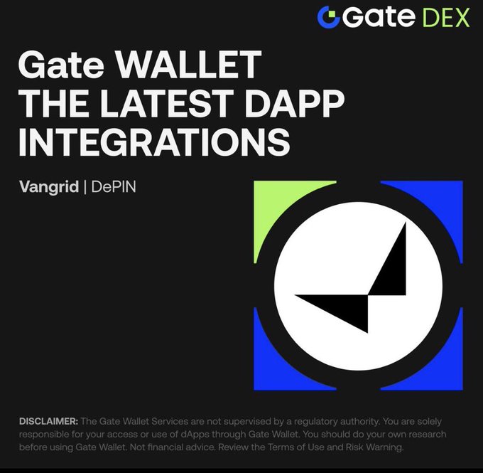 A promotional graphic for 'Gate DEX' announces 'Gate Wallet THE LATEST DAPP INTEGRATIONS' featuring Vangrid | DePIN with a compass-style logo.