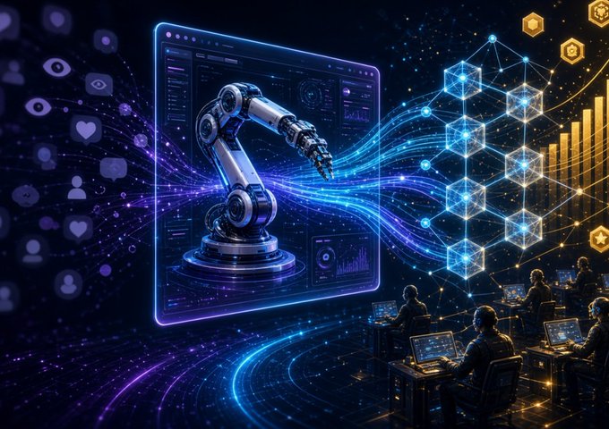 A futuristic digital scene shows a robotic arm within a glowing dashboard interface, alongside a holographic bar chart and a chain of illuminated 3D cubes representing data flow and engagement metrics, with silhouettes of people working at laptops in the foreground. The image visually reinforces the post's message about a campaign that rewards measurable engagement—symbolizing how @axisrobotics and @KaitoAI merge AI-driven data analytics with community-driven contributions to create value beyond just views.
