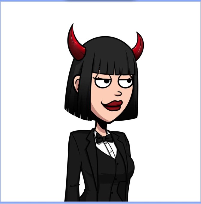 A cartoon-style illustration of a woman with black bob hair, red devil horns, and dark red lipstick, wearing a black tuxedo with a bow tie against a white background.