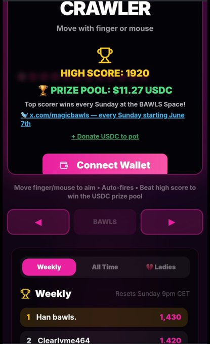 A screenshot of a game called 'CRAWLER' showing a 'HIGH SCORE: 1920', a 'PRIZE POOL: $11.27 USDC', and a leaderboard topped by 'Han bawls.' with a score of 1,430.