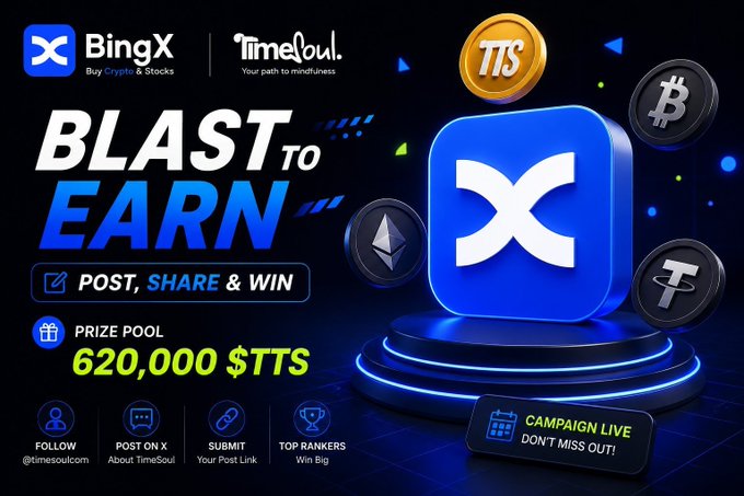 A promotional banner for a 'BLAST to EARN' campaign by BingX and TimeSoul with a prize pool of 620,000 $TTS, instructing users to post, share, and win.