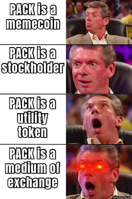 A four-panel meme featuring Vince McMahon with increasing expressions of shock, alongside text: 'PACK is a memecoin', 'PACK is a stockholder', 'PACK is a utility token', 'PACK is a medium of exchange'.