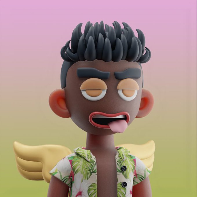 A 3D-rendered cartoon character with spiky black hair, angel wings, and a Hawaiian shirt sticks out his tongue with a goofy expression, set against a pink-to-green gradient background. The character's short black hair visually represents the rare "short black" NFT trait mentioned in the caption, which is being promoted as one of only 175 such variants in the collection.