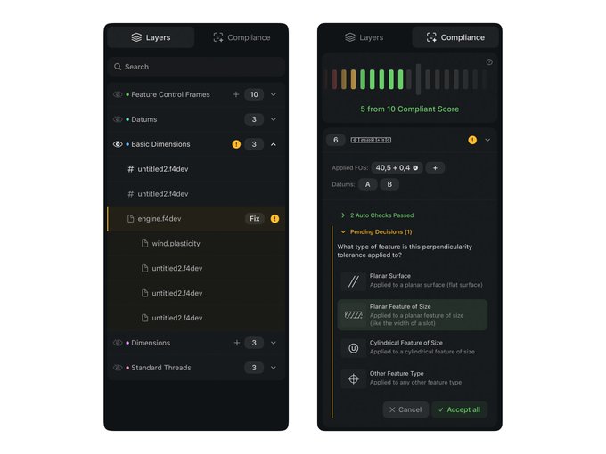 A two-panel UI mockup for an engineering software showing a 'Layers' tab with feature control frames and datums (untitled2.f4dev, engine.f4dev, wind.plasticity) on the left, and a 'Compliance' tab with a 5/10 compliant score showing 2 auto checks passed and 1 pending decision on planar feature size on the right.