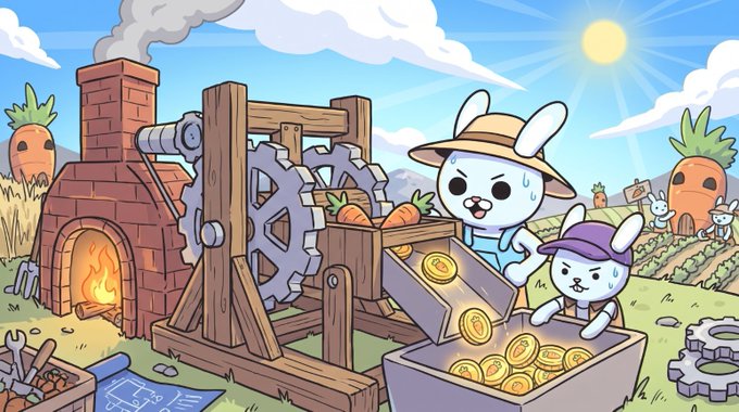 A cartoon illustration depicts two white rabbits using a wooden gear-powered machine to mint gold coins, with a brick furnace and carrot-shaped buildings in the background.