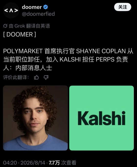 A screenshot of a tweet from 'doomer' (@doomerfied) in Chinese, reporting that Polymarket CEO Shayne Coplan is resigning to join Kalshi as head of perps.